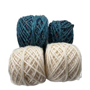 Tweed Yarn Lot 4 Cakes Teal Cream Wool Blend Destash Worsted Heavy Weight
